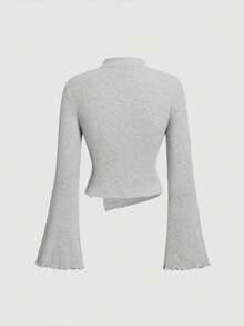 SHEIN MOD 女式立領褶皺分裂搭配口袋大垂袖t恤 - 灰色 - 查看 2