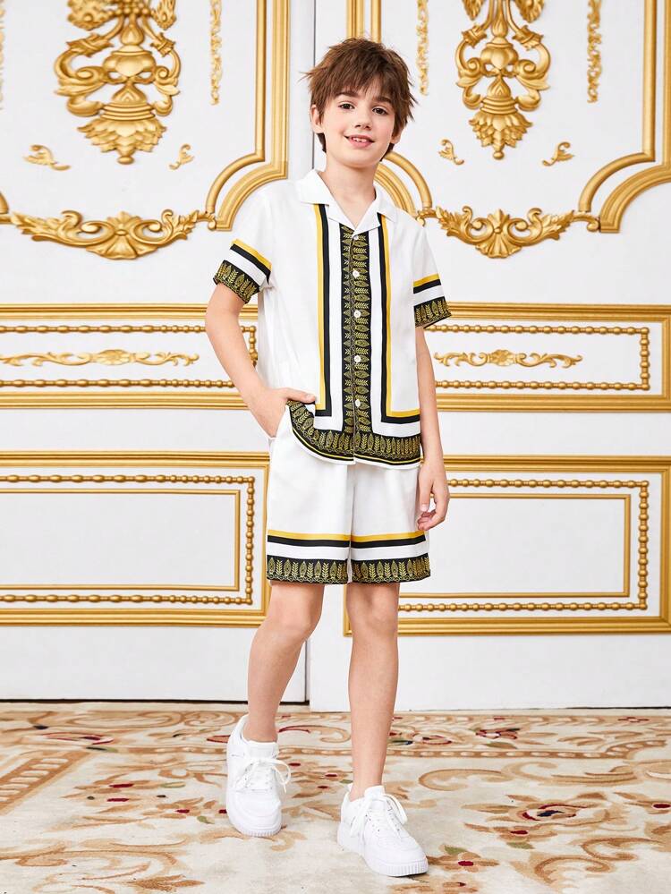 Tween Boys' Loose Fit Revere Collar Printed Short Sleeve Shirt And Shorts Set