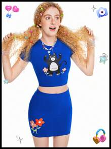 SHEINNeu Kidcore多巴胺奇怪有趣的貓咪印花動物印花皇家藍色短身兩件套裝圖形t恤會所女裝套裝春假兩件套沙灘套裝夏季套裝 - 藍色 - 查看 3