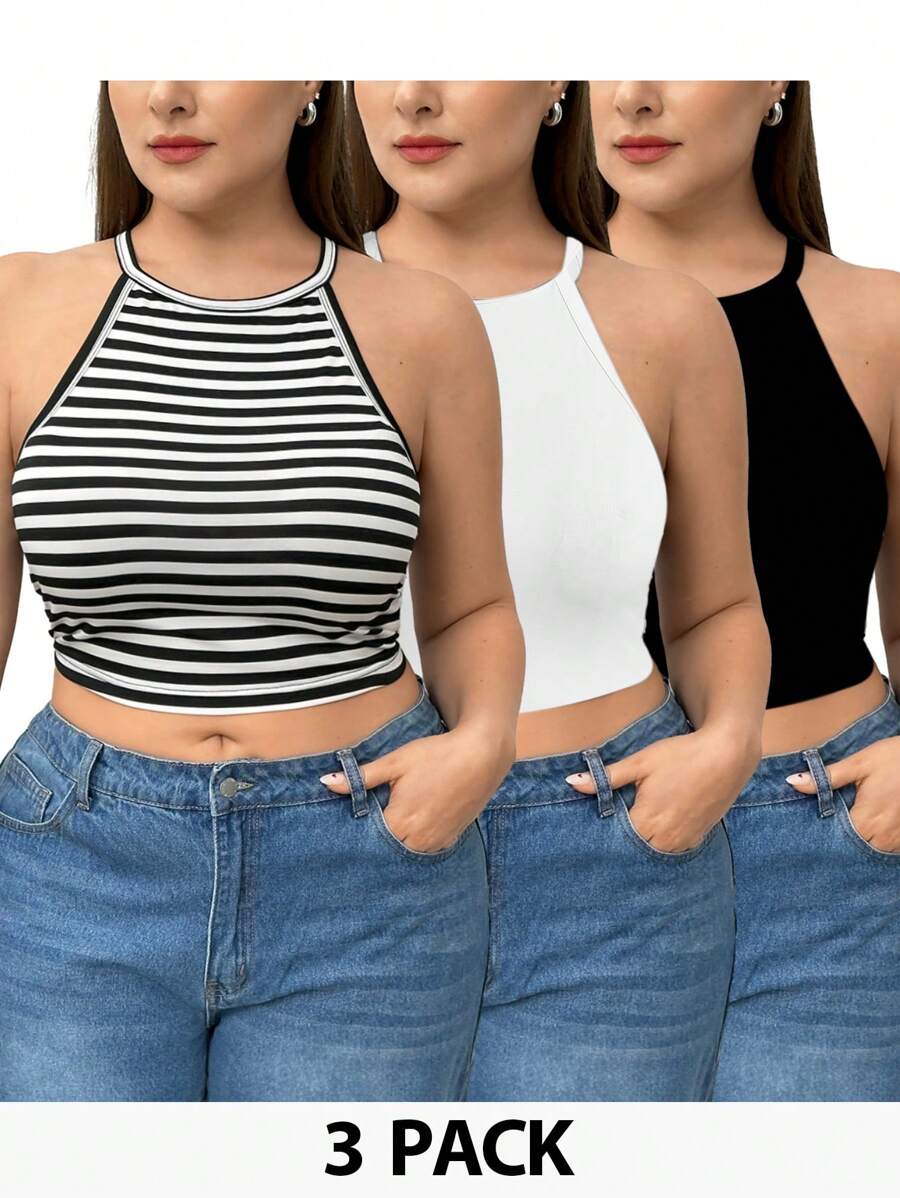 SHEIN Essnce Plus Size Women's Summer Casual Slim Fit Set Of 3 Halter Neck Tank Tops