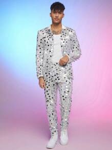 FeverCity Men's Glitter Long Sleeve Suit Jacket And Knitted Casual Pants Set - White - View 4