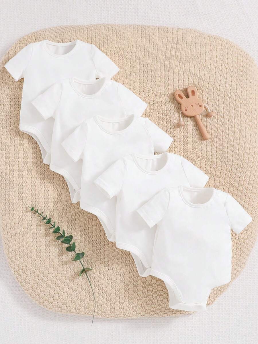 SHEIN 5 Bộ áo liền quần ngắn tay dệt kim mềm mại cho bé trai/bé gái sơ sinh, màu trơn, phong cách giản dị với cổ tròn và đóng kín - trắng - Xem 1