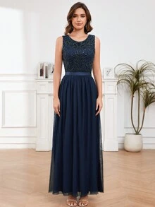 Round Neck Navy Beaded Party  Dress Cocktail Dress - Navy Blue - View 4