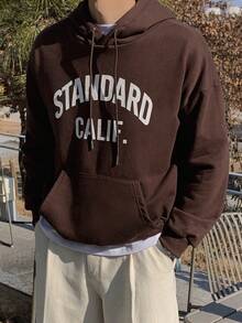 DAZY 男款字母圖案束線帽頭下垂肩運動衫 - 咖啡棕 - 查看 3