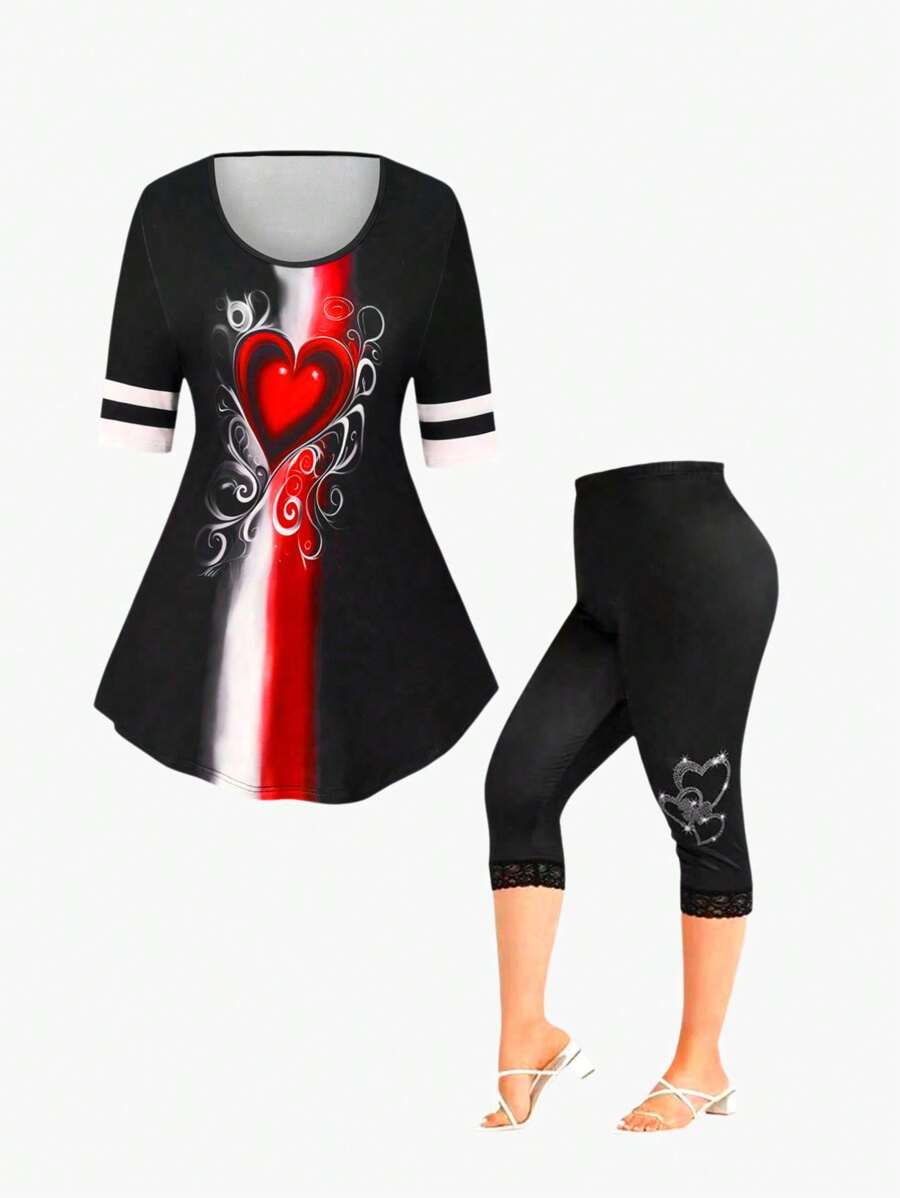 Plus Size Colorblocked Heart Print Top And Capri Leggings Set - Multicolor - View 1
