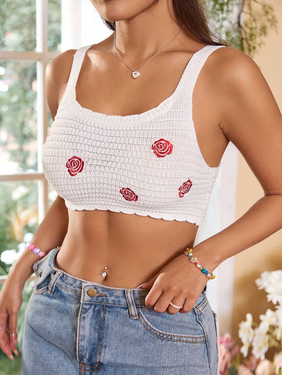 SHEIN Qutie 可愛女士鄉村風花卉針織毛衣 - 白色 - 查看 1