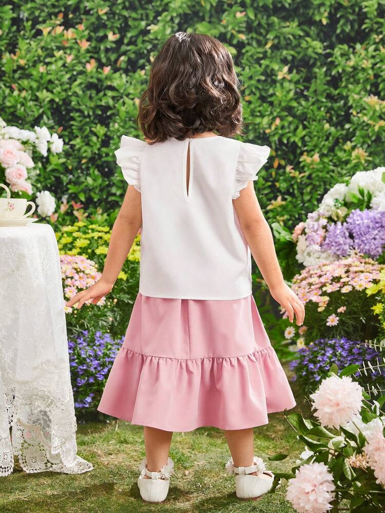 Young Girls' Round Neck Water Droplet Cap Sleeve Embroidered Shirt With Ruffle Hem Skirt Two-Piece Set