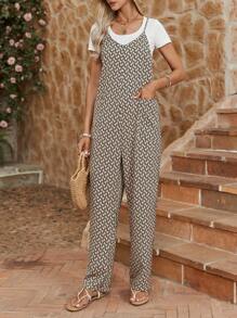 SHEIN LUNE Jumpsuit Con Cuello En V Y Pantalones Ajustados Con Patrón Geométrico Impreso Completo Para Mujeres