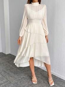 SHEIN Privé Women's Stand Collar Lantern Sleeve Cinching Waist Ruffle Hem Dress