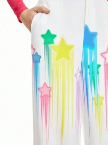 SHEINNeu Pantaloni cu imprimeu cu stele colorate cu dopamină Pantaloni de rochie Vacanța de primăvară Rochii pentru femei de petrecere Concert de vară Pantaloni de vară pentru femei Haine de vară - alb - Vizualizare 5