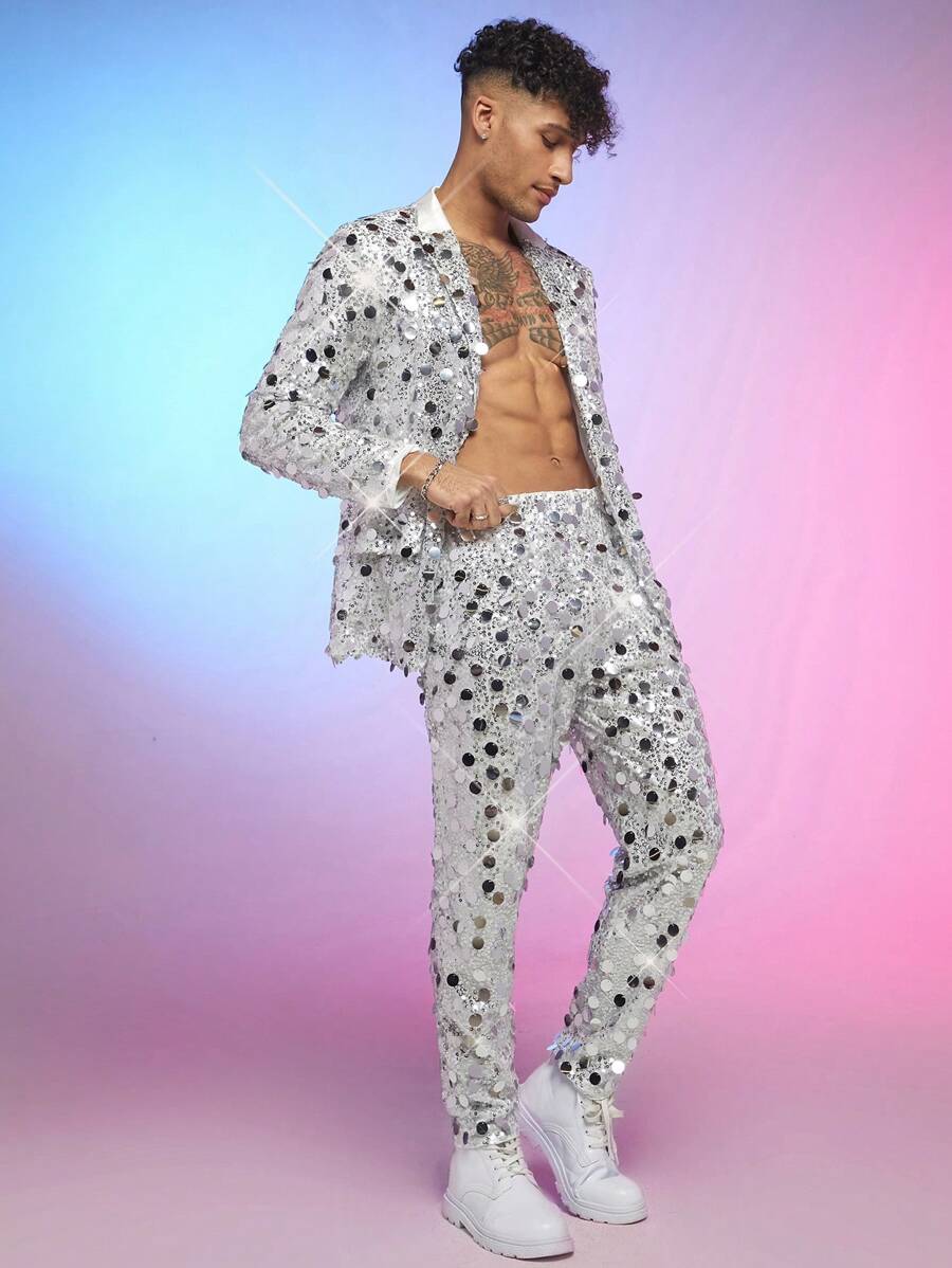 FeverCity Men's Glitter Long Sleeve Suit Jacket And Knitted Casual Pants Set - White - View 1