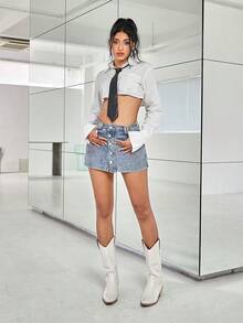 90年代學院星星水鑽紐扣門襟牛仔裙褲 - 淺色水洗藍 - 查看 4