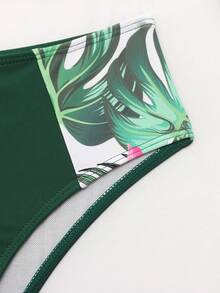 2 Piezas/set Chica Adolescente Con Top Manga Larga De Bloque De Color Con Estampado De Plantas Tropicales Y Flores Con Bikini Triangular, Estilo De Playa