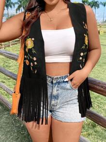 Flirla Plus Size Summer Flower Embroidery Fringe Hem Vest Coat