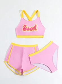 3 Cái/bộ Bộ Bikini Nữ Tuổi Teen In Chữ, Khối Màu Và Họa Tiết Viền Tương Phản Bãi Biển Mùa Hè - Hồng - Xem 5