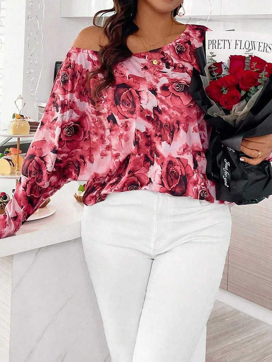 SHEIN Clasi 大尺碼綁染花卉印花不對稱領t恤 - 彩色 - 查看 1