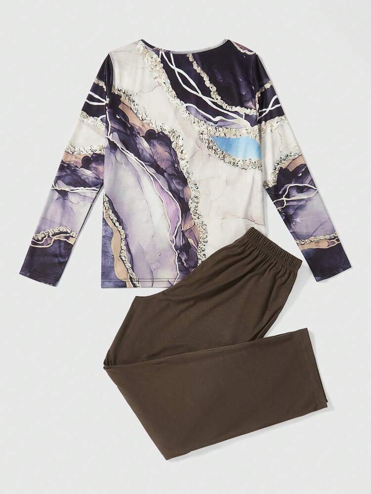 Women's Full Printed Round Neck Long Sleeve Top And Pants Set Fall Cloth For Women