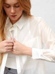 SHEIN BIZwear 女士長袖衫,配有前袋 - 白色 - 查看 2