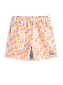 Manfinity 男士花卉图案印花沙滩短裤，带斜口袋，情侣款泳池短裤，适合海滩、度假 - 黃色 - 查看 7