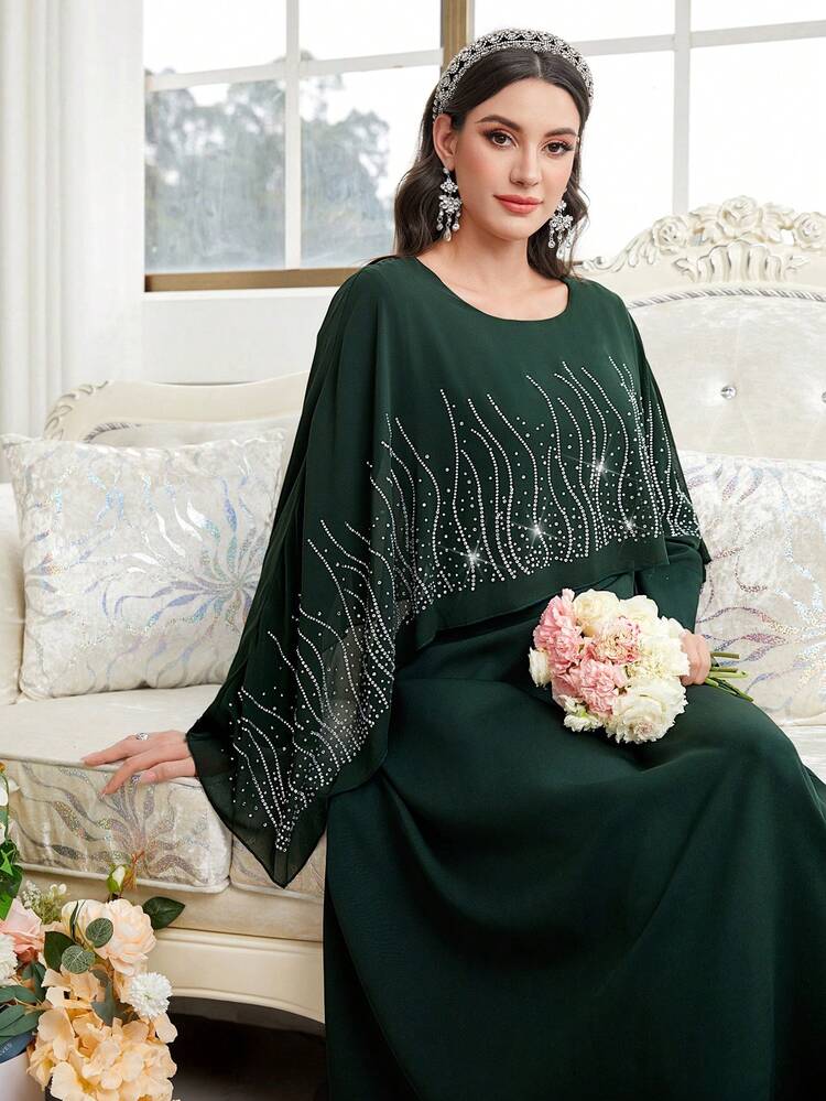 Rhinestone Applique Cape Style Dress, Elegant Evening Party Dress Long Evening Dresses