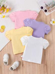 SHEIN 4pcs/Set Baby Girl Casual Basic Cute Daisy Printed Bubble Sleeve Top For Spring And Summer - Multicolor - View 2