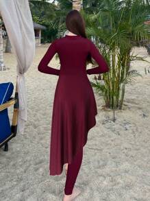 Swim Mulvari 夏季海滩女士长袖不对称下摆T恤搭配长裤保守布基尼泳衣新年阿拉伯服装 - 酒紅色 - 查看 2