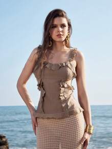 Chiquease Women's Hollow-Out Detail Camisole Top With Ruffle Hem Decoration - Khaki - View 3