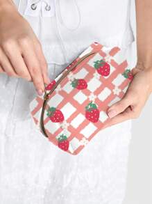 ROMWE Kawaii Cartoon Cute Plaid & Strawberry Print Large Capacity Cosmetic Bag With Inner Liner, Style 328335