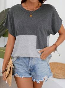 SHEIN LUNE Camiseta De Mujer Con Manga De Murciélago Y Bloques De Color