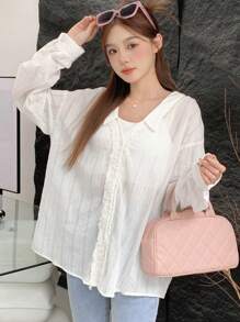 DAZY 女式宽松纯色长袖衬衫，下摆磨损，透视