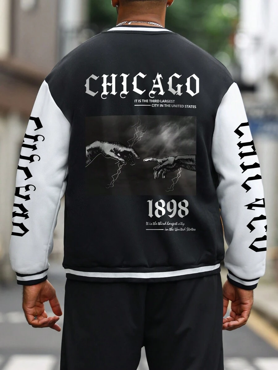 Manfinity Homme Men's Plus Size Baseball Jacket With Letter Print - Multicolor - View 1