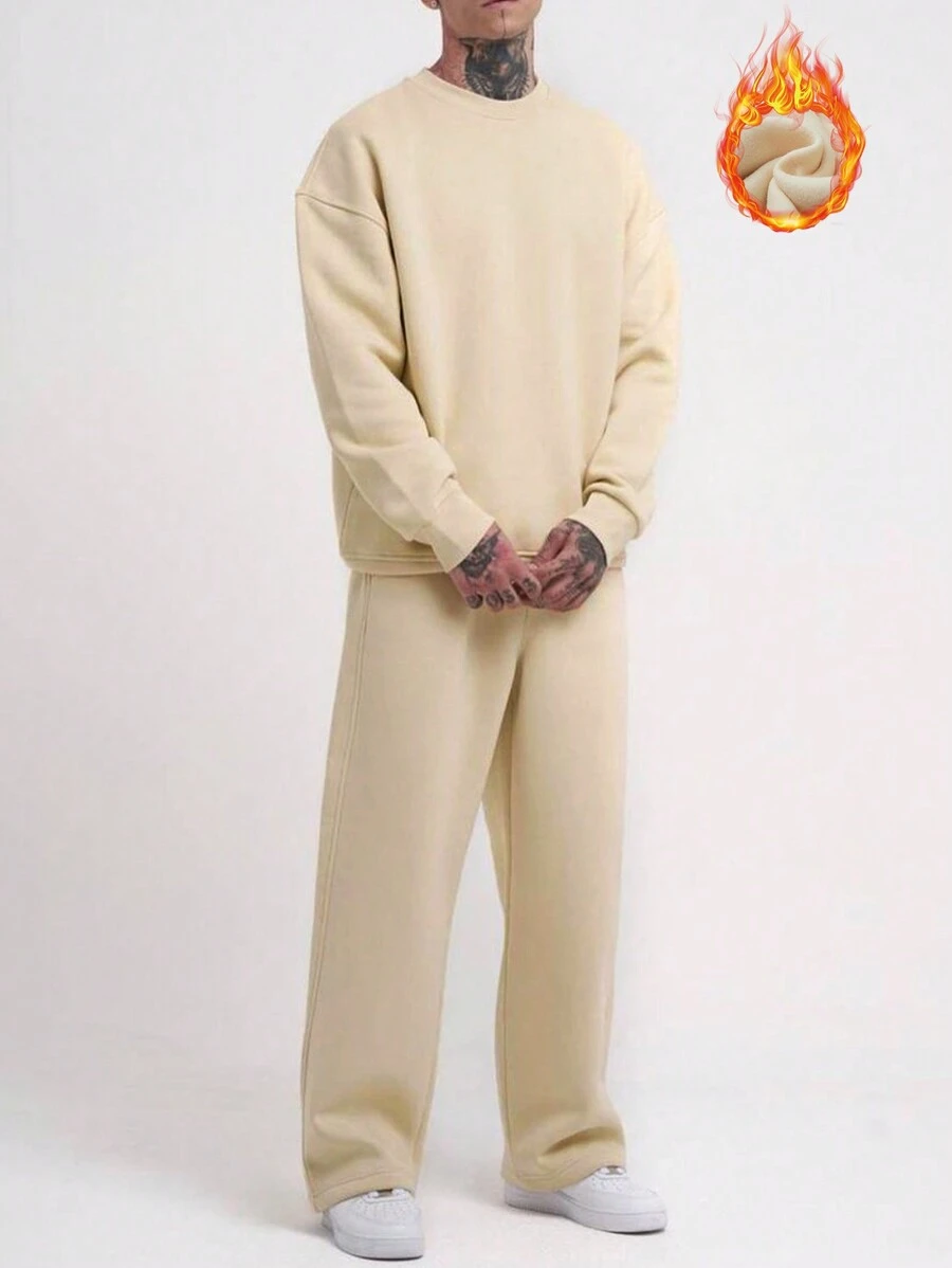 Manfinity Homme 男式两件套保暖内衬纯色运动衫和运动裤 - 杏色 - 查看 1