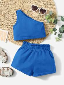 SHEIN Conjunto De Ropa De Bebé Para Niña, Top Sin Mangas Y Pantalones Cortos Con Un Solo Hombro, Color Sólido - Azul - Ver 1