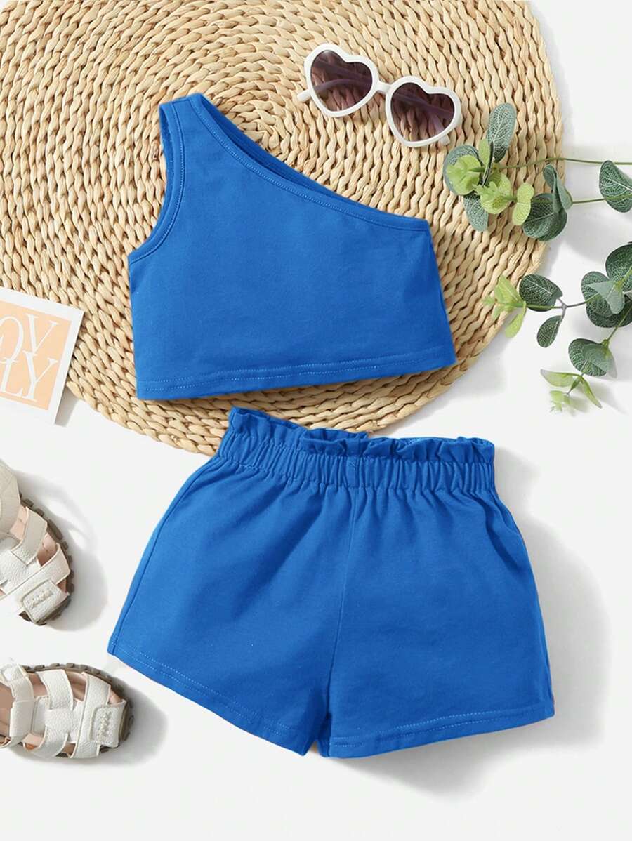 SHEIN Conjunto De Ropa De Bebé Para Niña, Top Sin Mangas Y Pantalones Cortos Con Un Solo Hombro, Color Sólido - Azul - Ver 1