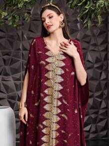 Al Najma Burgundy Red Women's Cape-Style Turkish Long Shirt With Feather Print & Gold Foiling