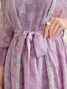 Modelyn 女士拼色装饰喇叭袖系带提花连衣裙长款晚礼服 - 淡紫色 - 查看 7