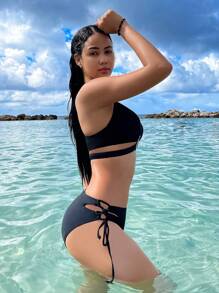 SHEIN Swim Women's Halterneck Lace-Up Bikini Set Summer Beach