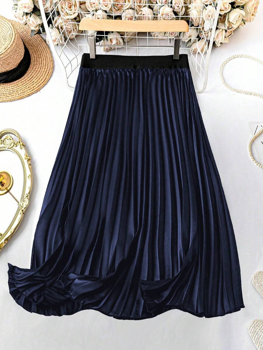 SHEIN Unity 大尺碼女式彈性腰百褶裙 - 藏蓝色 - 查看 1