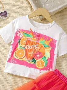 SHEIN Bộ đồ hai mảnh áo thun tay ngắn in hình Juice Summer dành cho bé gái và chân váy lưới - Nhiều màu - Xem 4