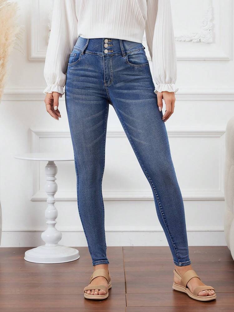 Slim Fit Denim Jeans For Women With Button Fly Closure