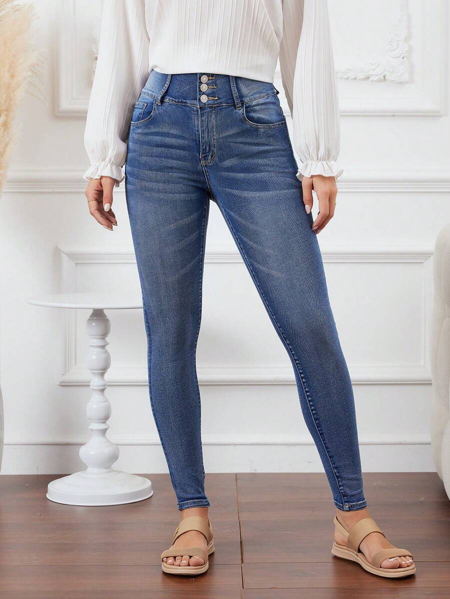 SHEIN LUNE Thon gọn Denim Quần jean Đối với phụ nữ Với nút Khép kín - Rửa nhẹ - Xem 1