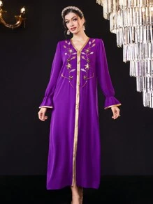 Al Najma Arabic Style Long Sleeve Dress With Rhinestone & Plant Pattern Patchwork Ribbon, Women - Purple - View 3