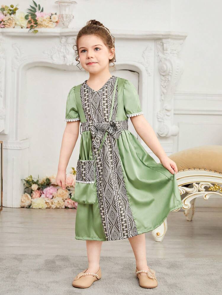 Young Girl Spring & Autumn Casual Fashionable Vacation Style Short Sleeve Dress With Geometric Print, Shoulder Bag Decoration And Belt