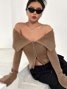 SHEIN EZwear Cárdigan con cierre de cremallera de punto acanalado de unicolor y escote en V para mujer - Camel - Ver 6