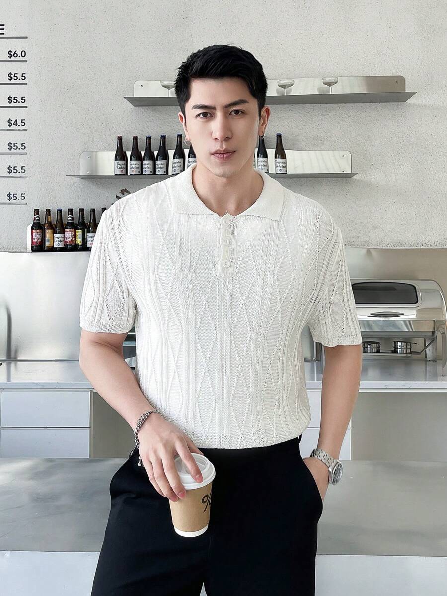 Claim Dot 男款休閒針織短袖polo衫 - 白色 - 查看 1