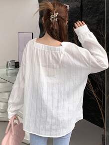 DAZY 女式宽松纯色长袖衬衫，下摆磨损，透视