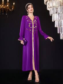 Al Najma Arabic Style Long Sleeve Dress With Rhinestone & Plant Pattern Patchwork Ribbon, Women - Purple - View 8