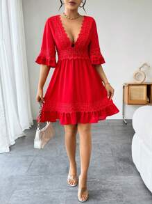 SHEIN Privé Cổ chữ V sâu Váy chữ A Với chuông Và Ren Chi tiết - Đỏ - Xem 6