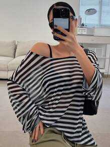 DAZY 女式不对称领条纹长袖上衣，返校服 - 黑與白 - 查看 5