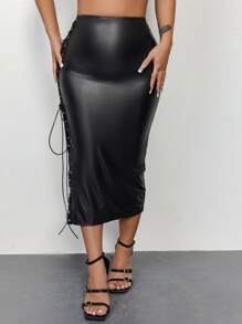 Zolique Falda Cruzada Con Abertura Lateral Con Lazo Para Mujeres - Negro - Ver 3